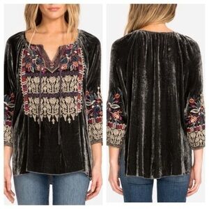 Johnny Was Claude Embroidered Velvet Blouse Gray silk